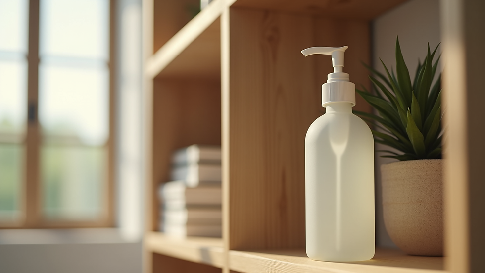 Vue rapprochée d’un flacon de produit de nettoyage écologique sur une étagère en bois
