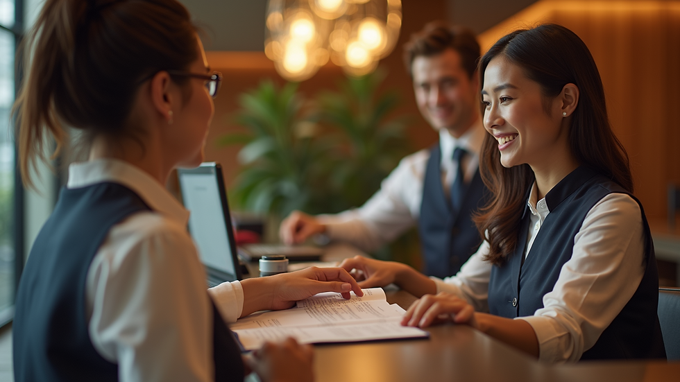 Close-up view of a hotel concierge desk with a staff member assisting a guest