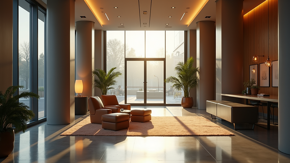 Eye-level view of a modern hotel lobby with comfortable seating
