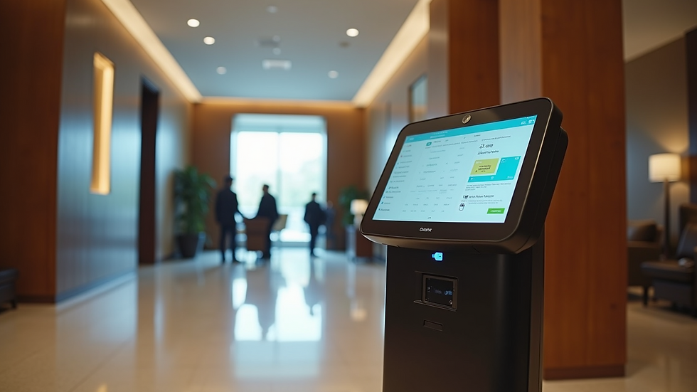 Eye-level view of a hotel lobby with a digital booking kiosk