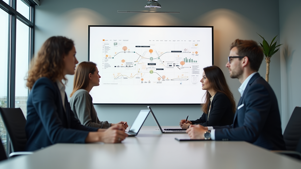 Eye-level view of a modern office meeting room with a whiteboard showing business strategy