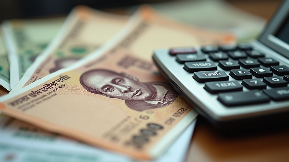 Close-up view of Indian currency notes and a calculator