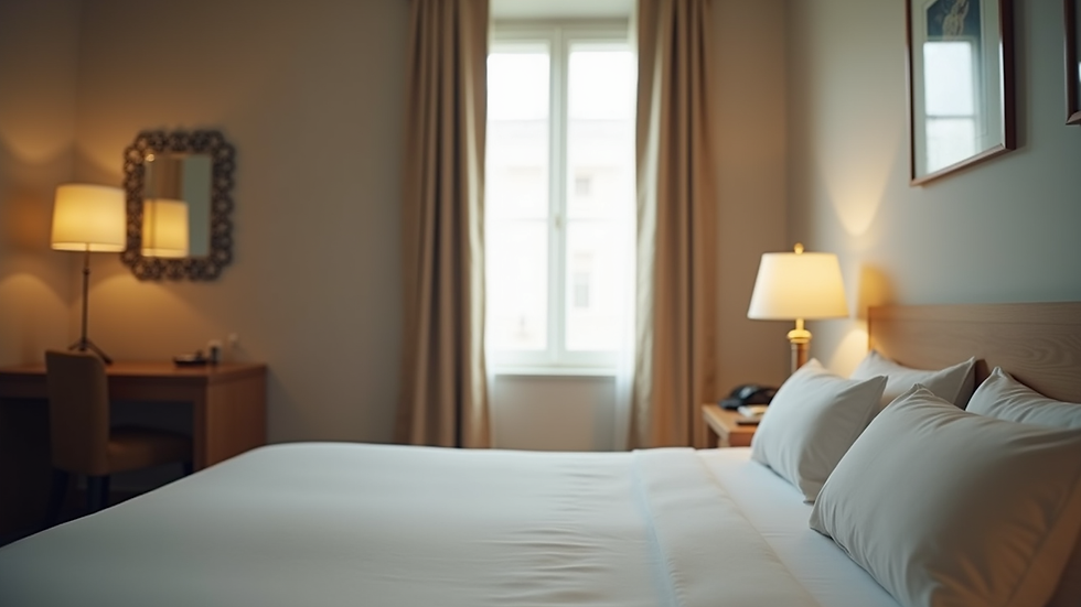 Close-up view of a hotel room with a bed and window