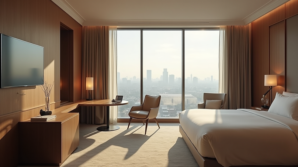 Wide angle view of a hotel room with elegant decor and city view