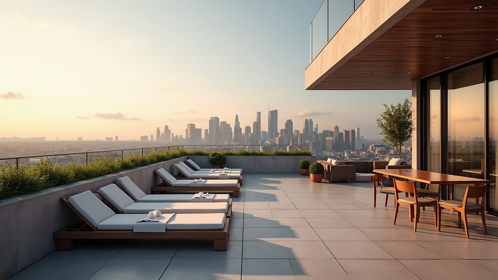 Wide angle view of a boutique hotel rooftop terrace with city skyline