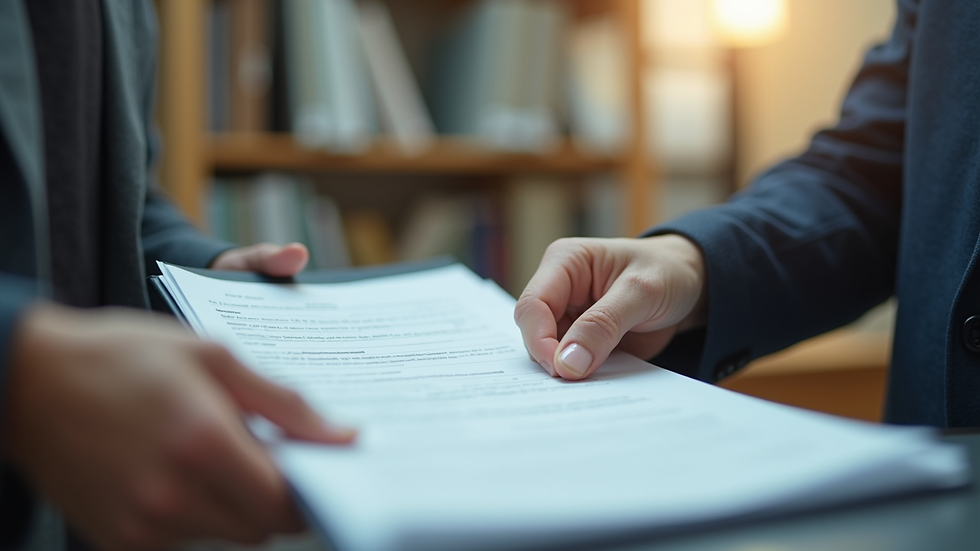 Close-up view of hands submitting documents at a government office