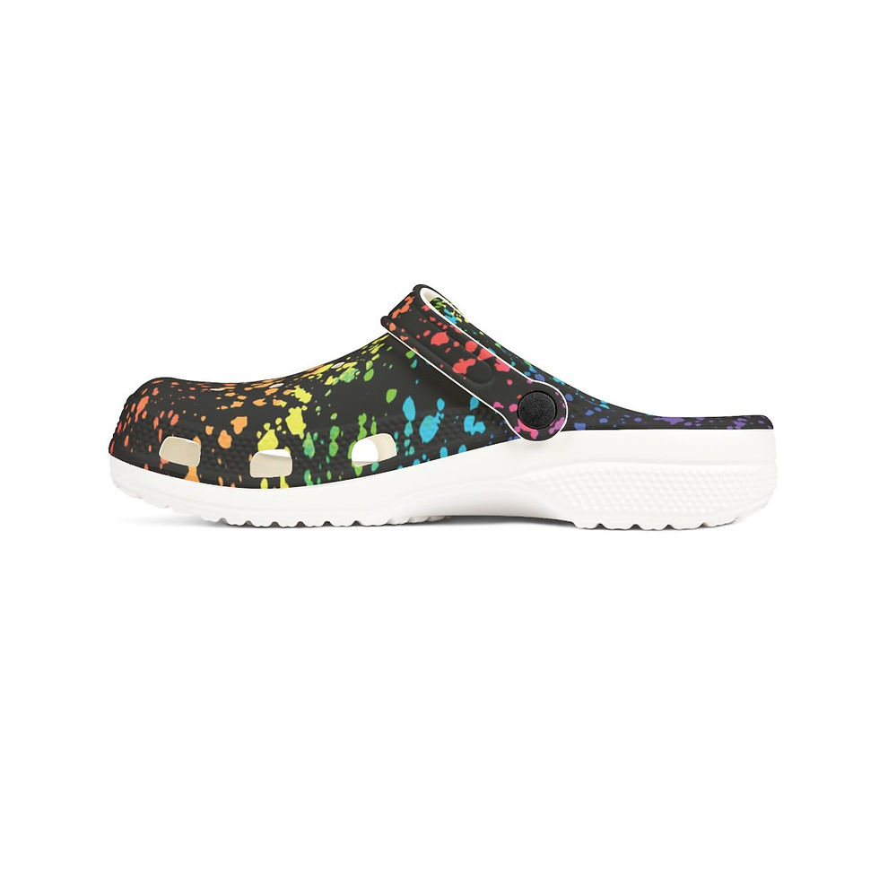 Thumbnail: KLÅOG - EVA Foam Rubber Shoes (CLOG), Custom Black Rainbow Splatter Design  