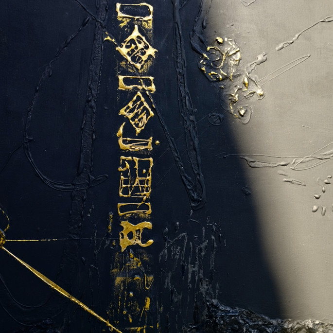 Dead name: RhOri

Marie AVA created the canvas and frame for this artwork in 2016, marking the official beginning of her artistic journey. The initial inspiration behind this creation was pure individual expression. At the time, she used bold splashes of bright red paint, evoking the vitality of blood.

However, over the course of a long personal and artistic journey, Marie underwent a profound transformation. She evolved not only in her personal identity but also in her artistic identity. To honor the history of this first artwork while marking this evolution, she decided to highlight the initial inscriptions.

This is how her new artistic symbol, the totem, was born. In this new phase of her journey, she chose black to express the artist's maturity and period of sobriety. The gold leaves, on the other hand, symbolize the victory we can achieve over our past.

Finally, the Hery symbol represents rebirth from our ashes and the courage to embrace our new version while bearing the scars of the past, which constitute our beauty and strength.

Through "Hery," Marie AVA invites us to reflect on our own journey of transformation, to embrace our history while looking to the future with determination. This artwork reflects her artistic and personal evolution, symbolizing the power of creativity and resilience.

Size: 100 x 70cm
Texture: Crafted from natural materials such as paper, wood powder, etc.
Acrylic
Mixed media
Style: Abstract
Techniques: Relief, collage, projection technique, gold leaf, proprietary long-lasting medium developed over 5 years, extra solid, no cracks.
Availability: Price upon request
