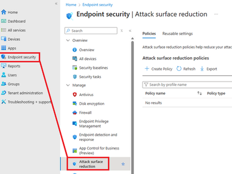 UI screenshot showing "Endpoint security" with "Attack surface reduction" selected. Options to create, refresh, and export policies are visible.