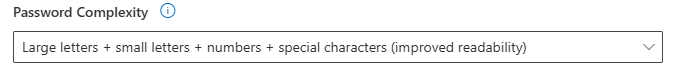 Dropdown menu for "Password Complexity" showing options for different character requirements. Text: Large letters, small letters, numbers, special characters.