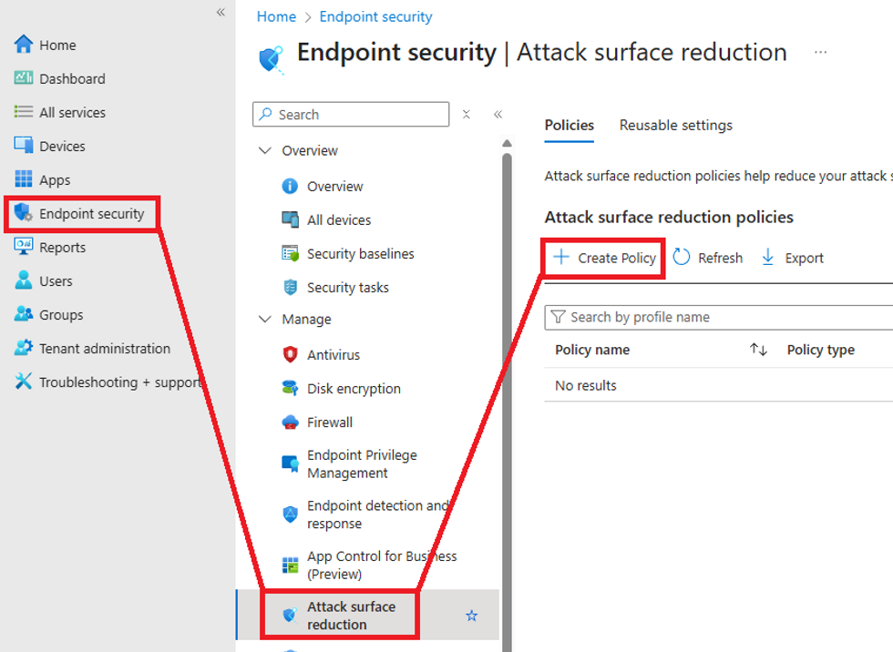Intune Admin Centre showing Endpoint Security > Attack Surface Reduction with the Create Policy option