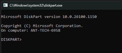 Command prompt window showing Microsoft DiskPart version 10.0.26100.1150 on computer ANT-TECH-6958 with DISKPART> prompt.