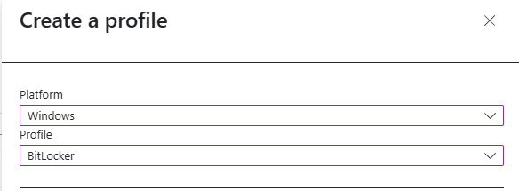Profile creation window showing options for Platform: Windows and Profile: BitLocker, with a simple white background.