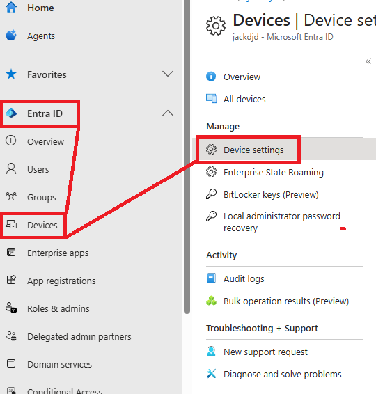Interface showing "Device settings" in Microsoft Entra ID portal. The "Devices" tab is highlighted, with a navigation menu on the left.