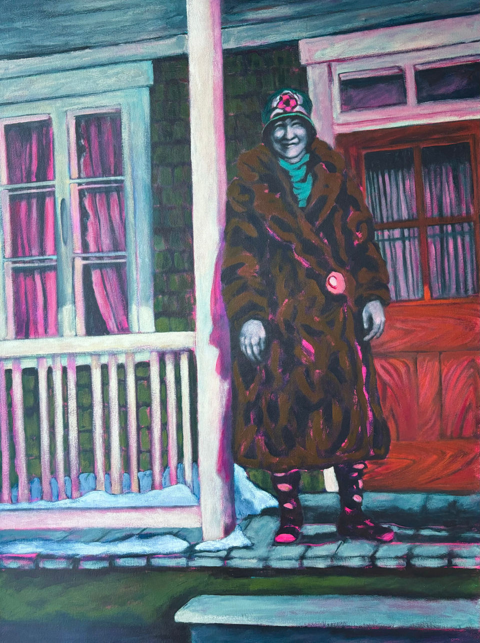 Acrylic painting by Lisa Marie Boissonneau representing a woman on her balcony on a cold winter day in Quebec.