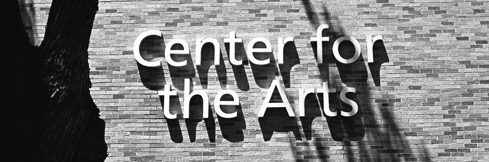 Black-and-white brick wall with large Center for the Arts sign and tree shadows.