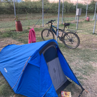 My tent with pink dusk behind