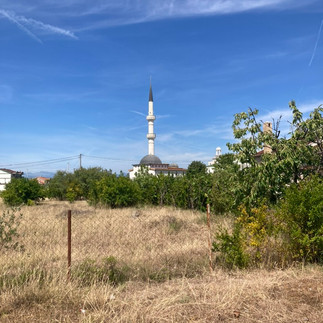 A mosque with a minaret in a dry field