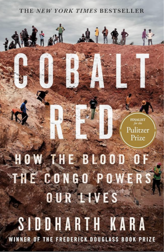 Book cover of "Cobalt Red" by Siddharth Kara shows people on a reddish-brown hill. The Pulitzer Prize finalist badge is visible.
