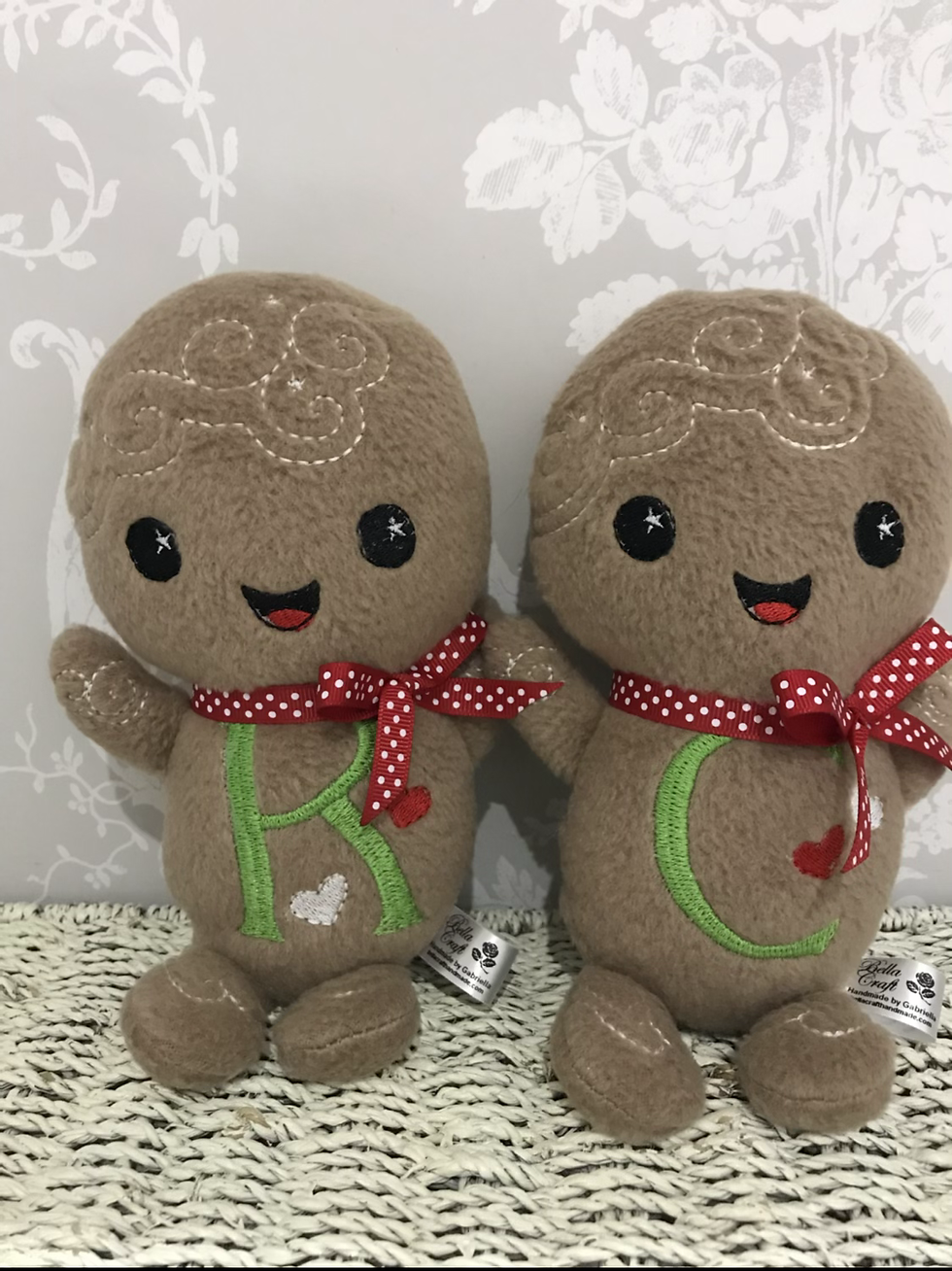 Thumbnail: Personalised handmade gingerbread man soft toy group view