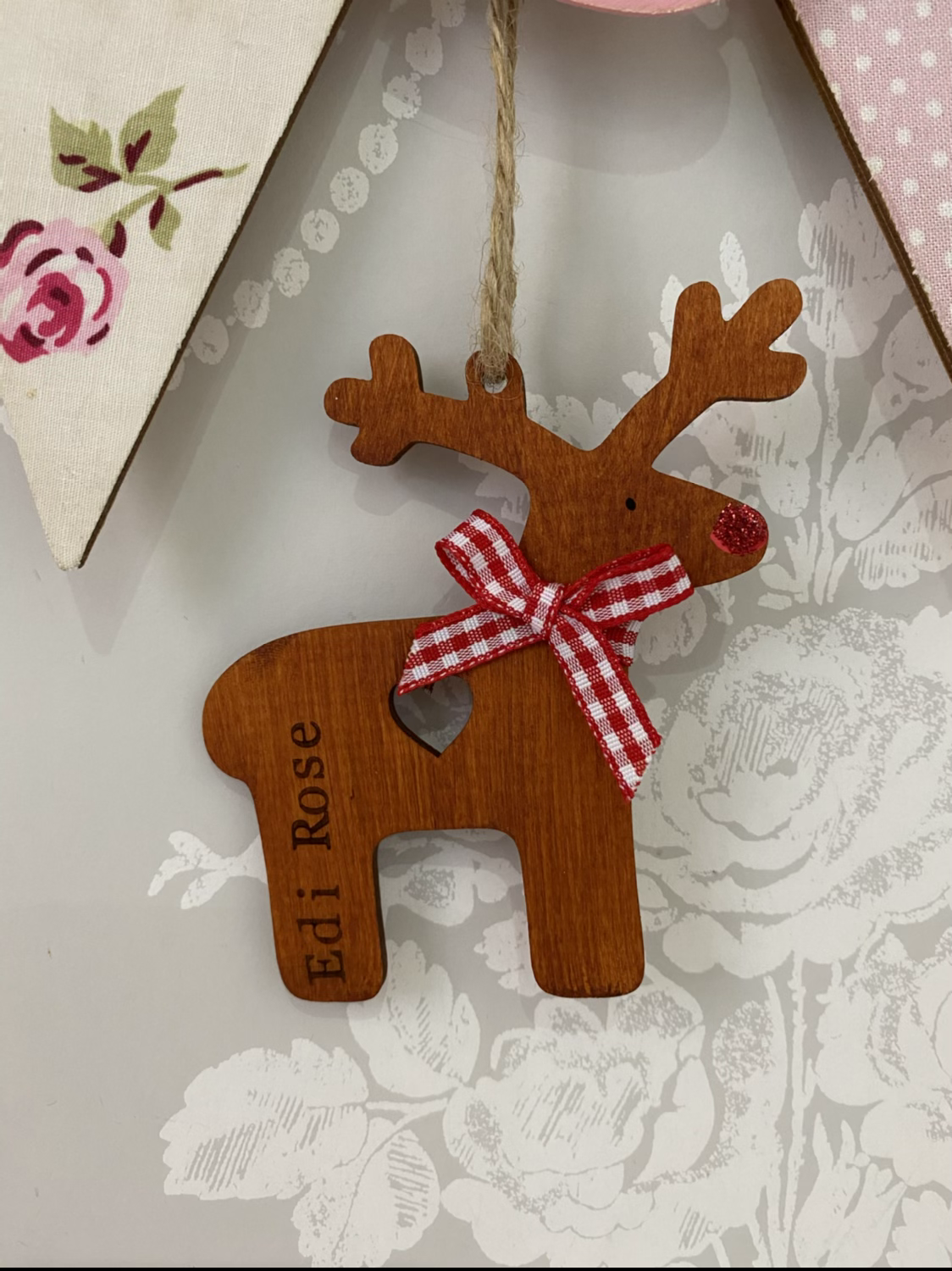Personalised Reindeer decoration with ribbon