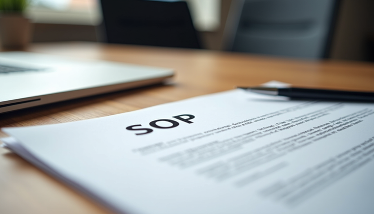 Eye-level view of a printed Standard Operating Procedure document on a wooden desk with a pen