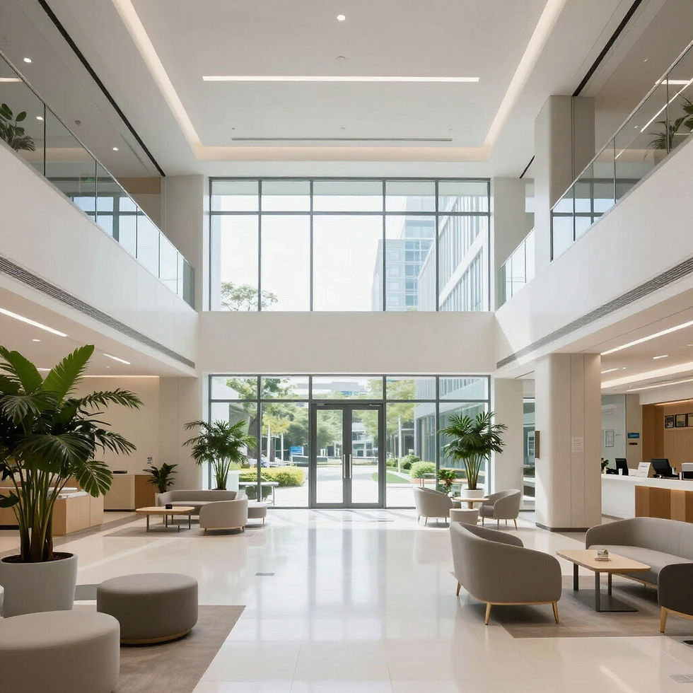 illustrative image of what could be a hospital lobby or university building lobby