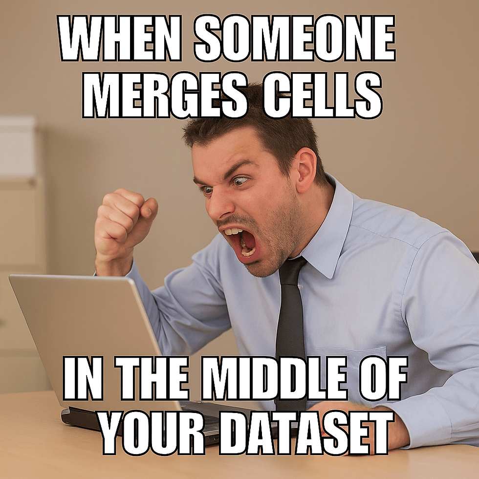 Man in office angrily yells at laptop; text reads "WHEN SOMEONE MERGES CELLS IN THE MIDDLE OF YOUR DATASET"; Expression of frustration.