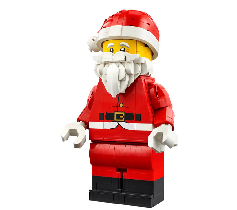 LEGO Up-Scaled Santa Minifigure festive build showing Santa with posable arms and Christmas decor.