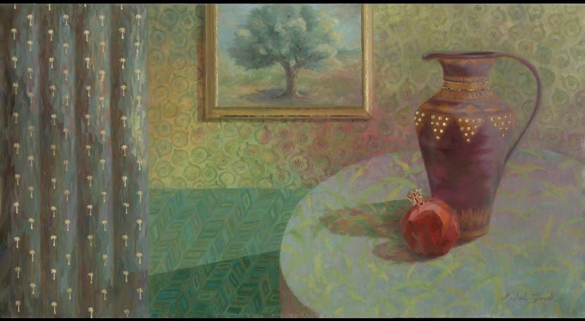 gold-leave, sheva menim, pomegranite art, jewish holiday, israeli artist, jewish artist, judaica, jennie mohl art consulting
