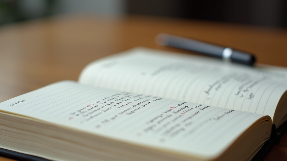 Close-up view of a journal with handwritten notes and a pen on a wooden table