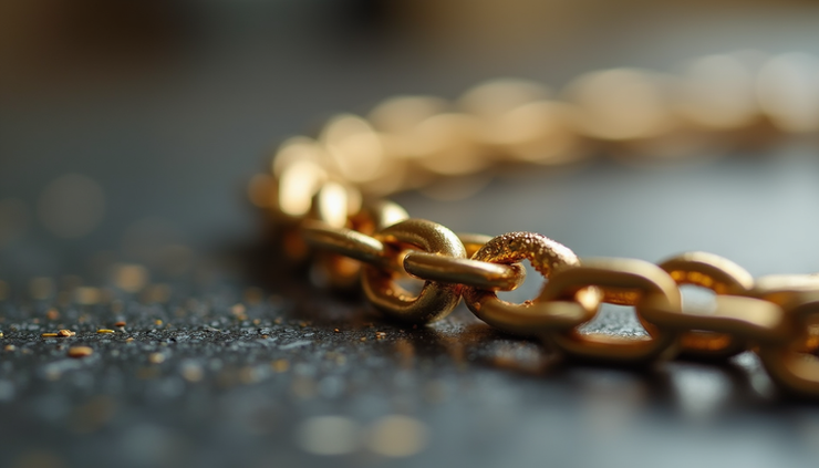 Close-up view of a golden chain resting on a textured surface