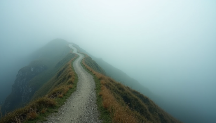 Eye-level view of a serene mountain path leading into misty distance
