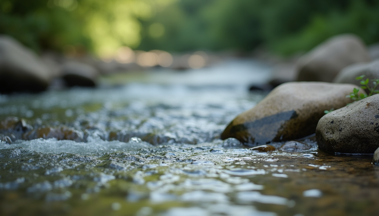 Close-up of a calm river flowing gently over smooth stones