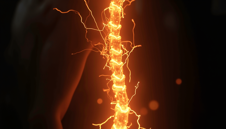 Close-up view of a glowing spine silhouette with electric currents running through it