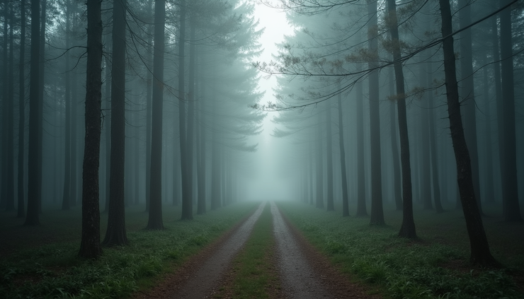 High angle view of a quiet forest path disappearing into mist