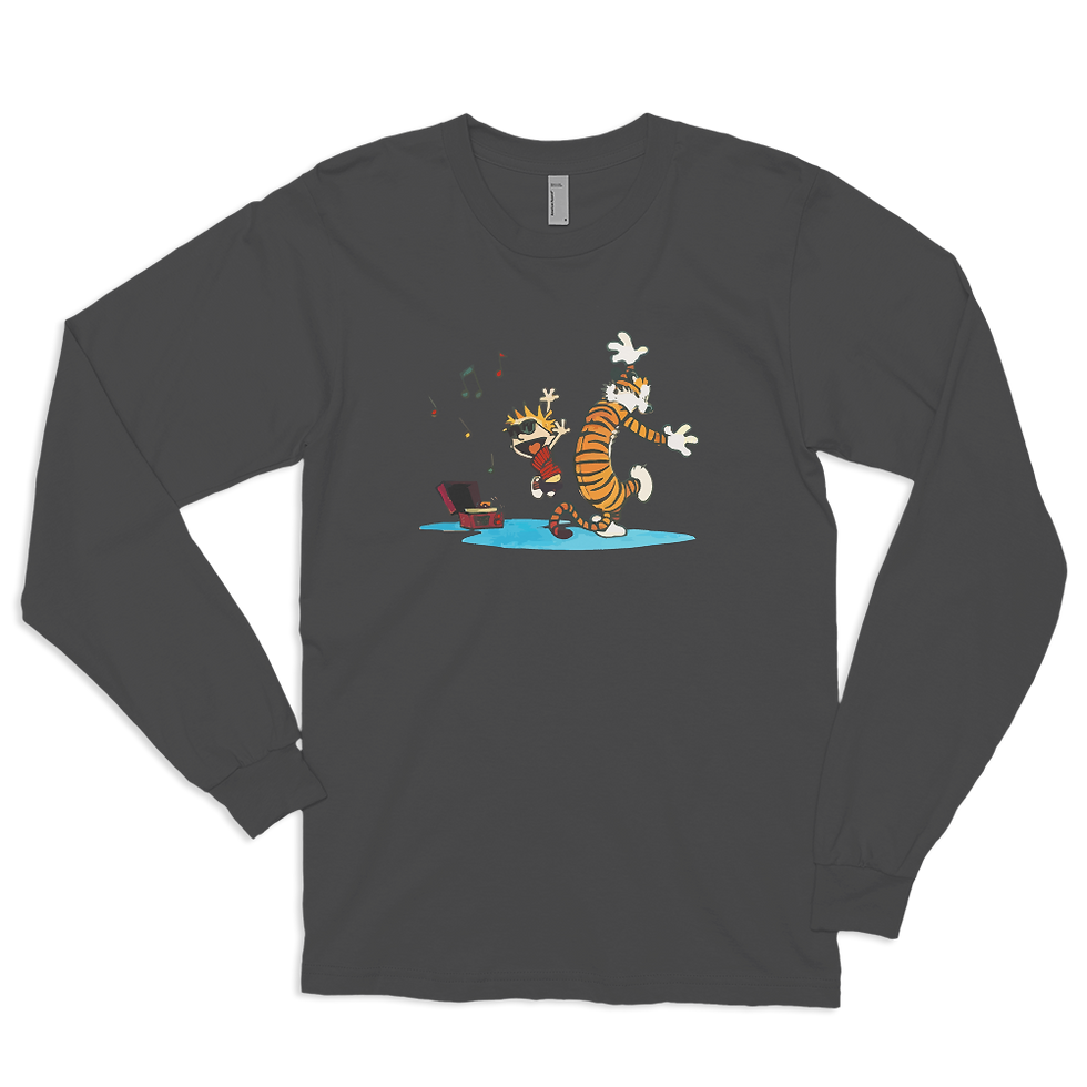 Thumbnail: Camiseta de manga comprida com Calvin e Hobbes dançando com toca-discos