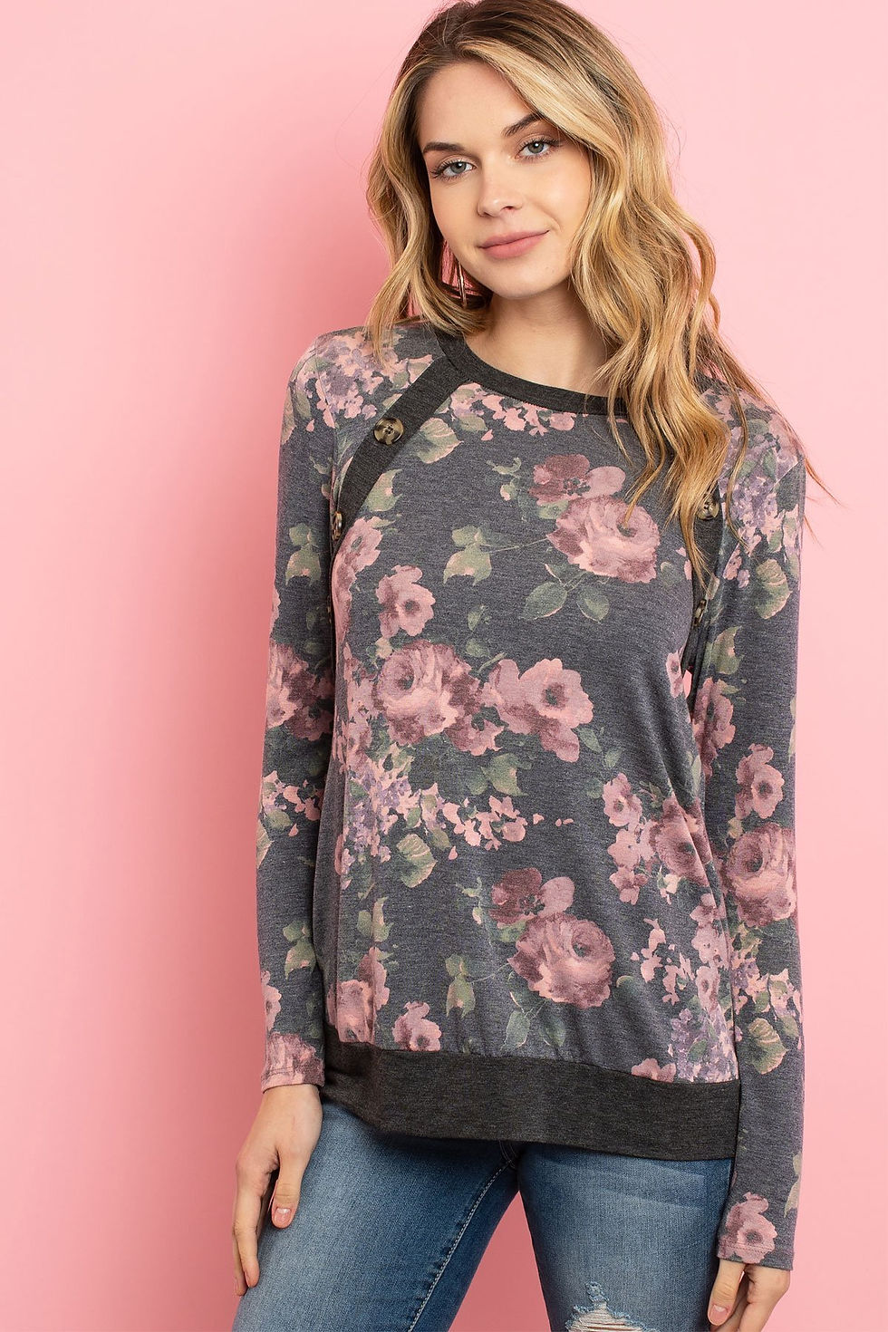 Thumbnail: Button Detail Long Sleeved Floral Print Top