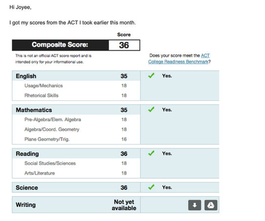 Student message sharing successful ACT score improvement after receiving expert ACT tutoring guidance.