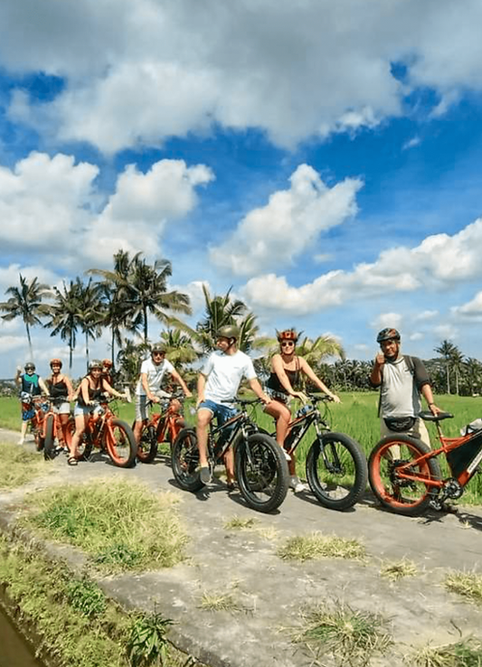 Group cycling through Bali rice fields during a team activity