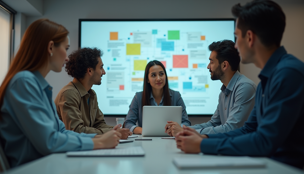 team in board room with a white board 
