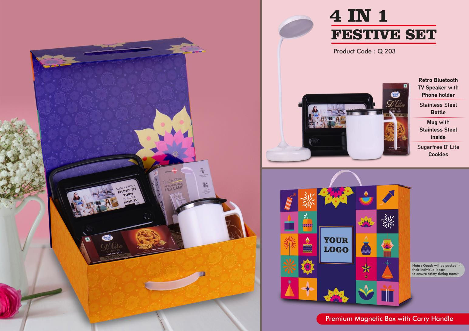 Q203 – Diwali Set of 4: Rechargeable Table Lamp, Retro Bluetooth TV Speaker, Dou