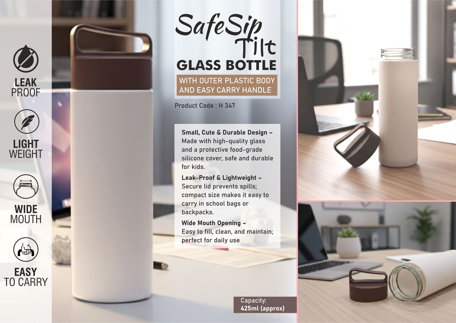H347 – SafeSip Tilt: Glass bottle with outer plastic body and Easy carry handle