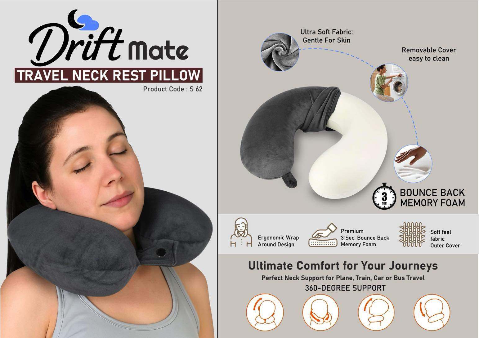 S62 – DriftMate: Travel Neck Rest Pillow – U Shaped with Soft fabric | 3 second
