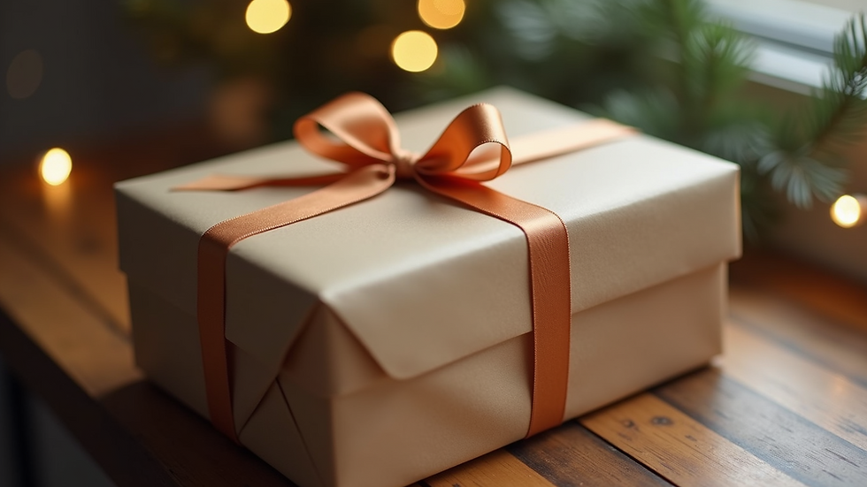 Close-up view of a neatly wrapped corporate gift box with a ribbon