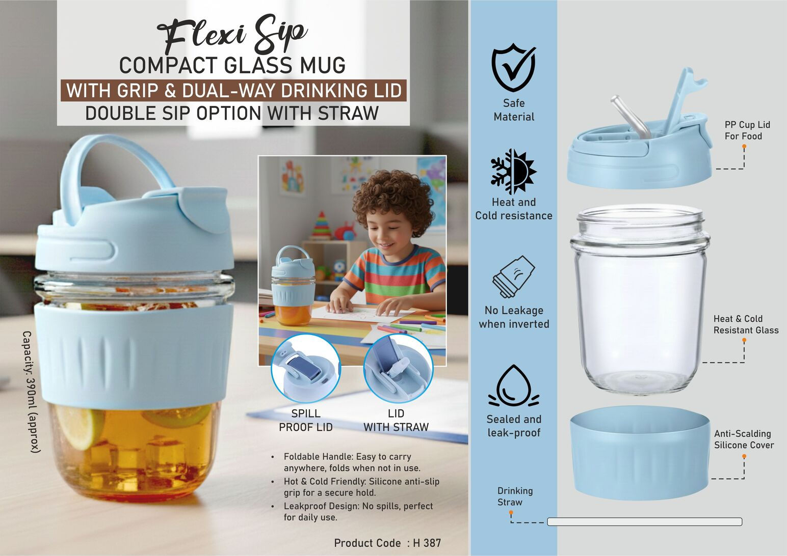 H387 – FlexiSip: Compact Glass Mug with Grip & Dual-Way Drinking Lid | Double si