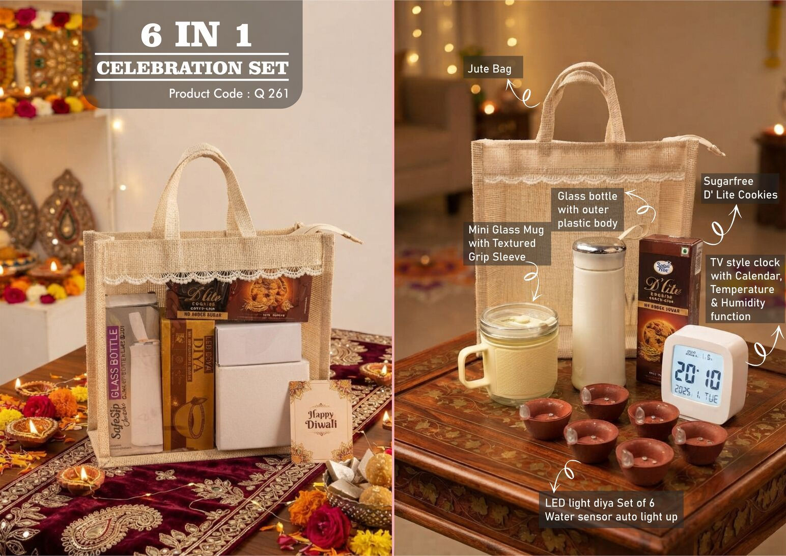 Q261 – Celebrations Set of 5: TV style clock with Backlight, Glass bottle with c