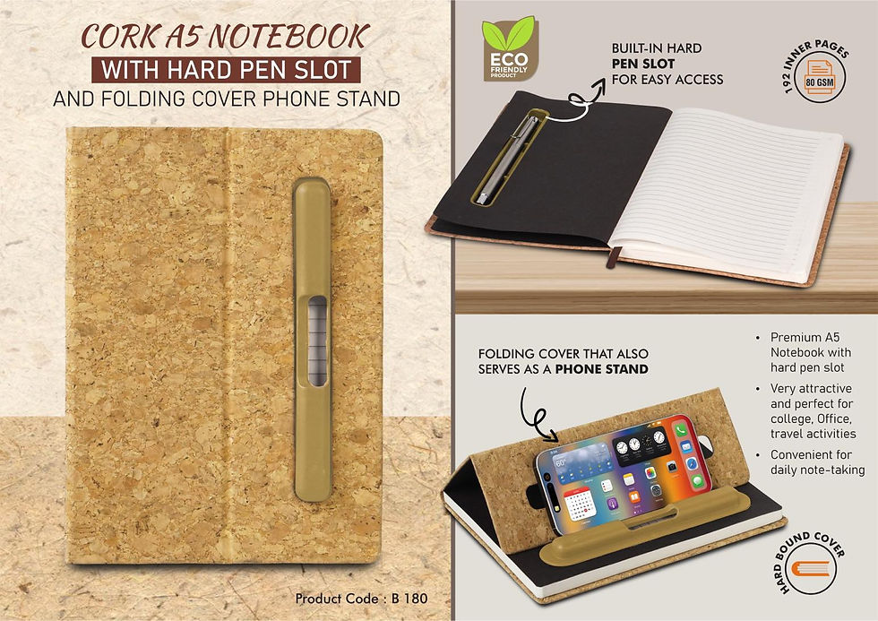 B180 – Cork A5 Notebook with Hard pen slot and Folding cover Phone Stand