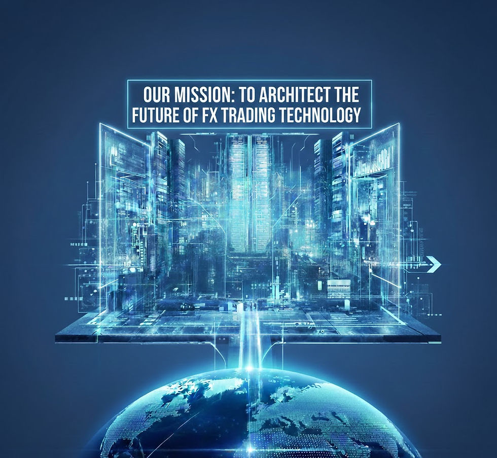 Portrait-style tech city above a glowing Earth with the text 'OUR MISSION: TO ARCHITECT THE FUTURE OF FX TRADING TECHNOLOGY' in a top banner, in cool blue tones.