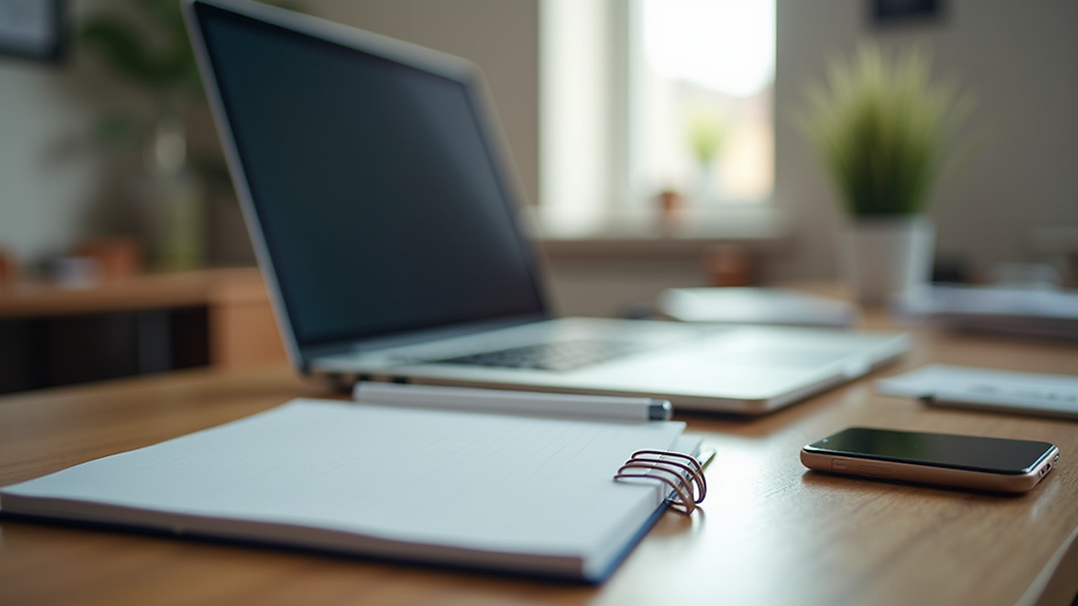 Eye-level view of a modern workspace with a laptop and notepad